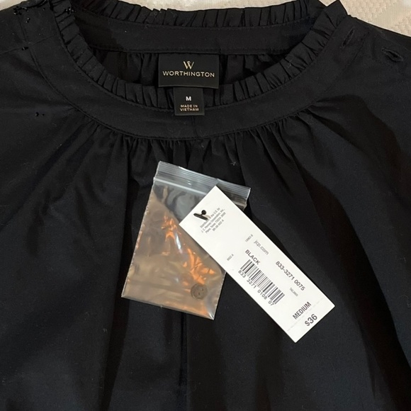 Worthington Mock Ruffled Neck w/ Puffy Long Sleeve Blouse Black Size Medium NWT - Picture 5 of 8